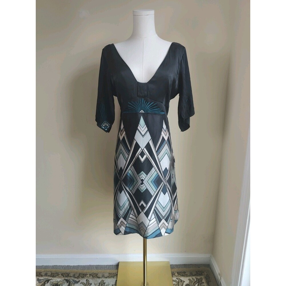 Karen Millen Geometric Print Art Deco Silk Dress Black Blue US 10